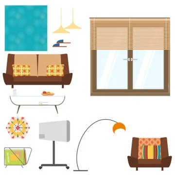 Living room interior objects set with sofa, table, window, clock, floor lamp Stock Illustration