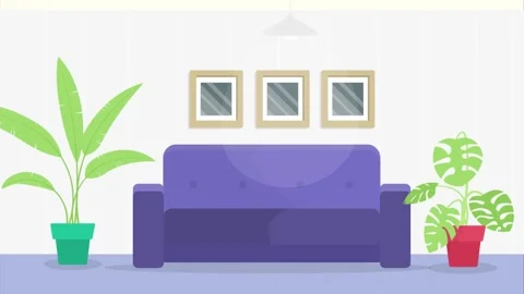 Living room interior with purple sofa and plants couch Stock Footage 340471668
