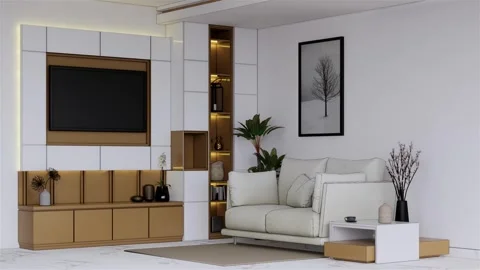 Living room interior with white long sofa and minimalist tv set Stock Footage 249640957