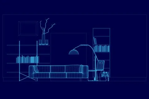 Living room interior wireframe. Comfortable sofa, bookcase, chair and house Stock Illustration