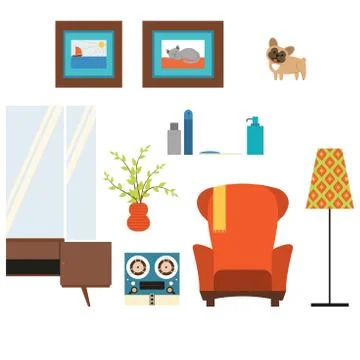 Living room isolated objects in the style of the 70's Stock Illustration
