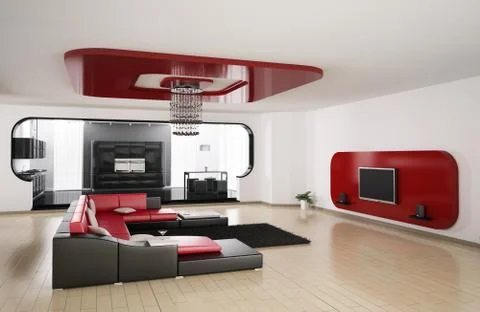 Living room, kitchen 3d render Stock Illustration