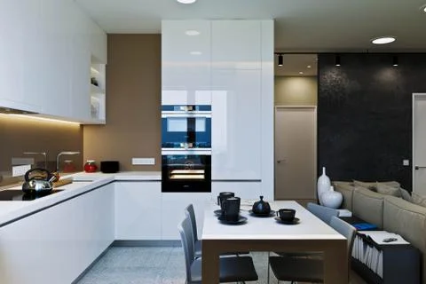 Living room with kitchen and dining room Stock Illustration