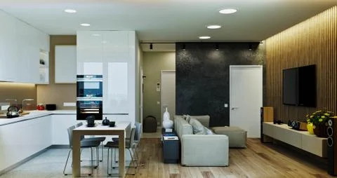 Living room with kitchen and dining room Ilustración de archivo