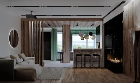 Living room with kitchen, hallway and dining room, fireplace, wood paneling and Stock Illustration