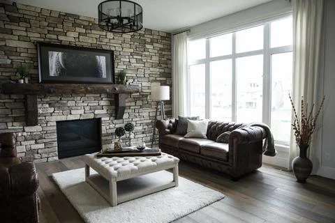 Living room with leather sofas, exposed brickwall and wooden flooring Stock Photos