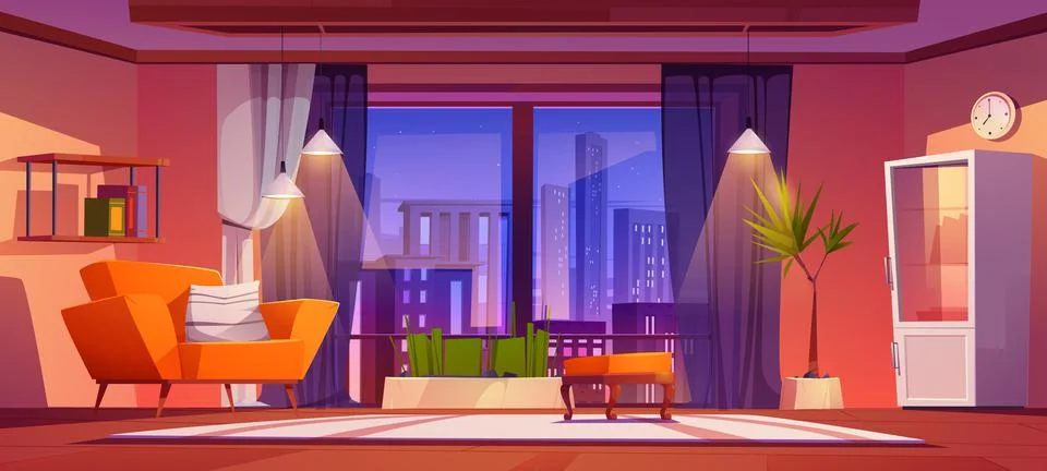 Living room with panoramic window with city view Stock Illustration