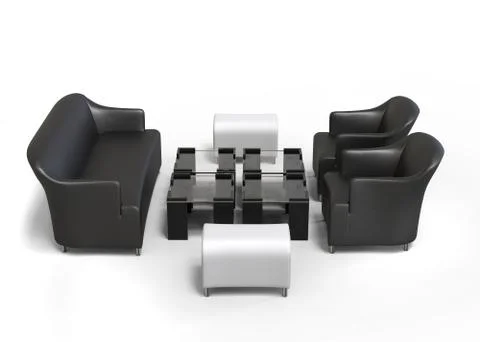 Living room set - sofa, two armchairs, coffee tables and ottomans - top view Stock Illustration