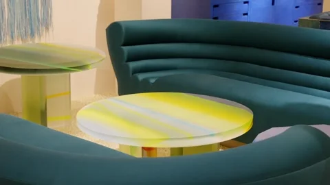 Living room setting with soft and comfortable curved design green sofas. Round Stock Footage 262274409