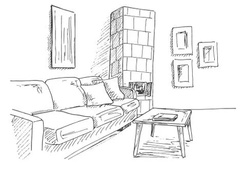 Living room with sofa, table and tiled stove in the corner of the room. Stock Illustration