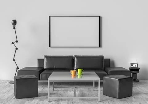 Living room, sofa, two stool and table. On the wall of an empty picture frame Stock Illustration
