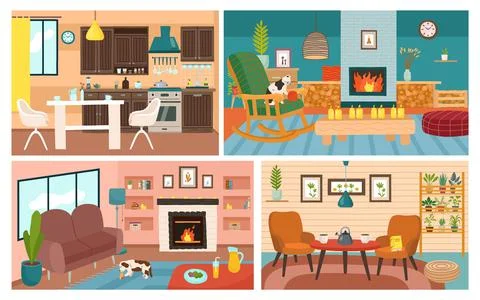 Living rooms interior. Empty home kitchen. Furnished apartments set. Fireplac Stock Illustration