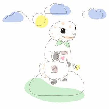 Lizard in cartoon style. Standing in a clearing with a cup Stock Illustration