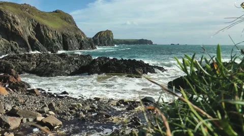 Lizard, Cornwall view onto rough sea and coastline Stock Footage 49960520