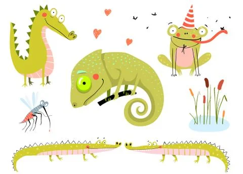Lizard, frogs, alligators and crocodiles. Swamp and lake doodle animals cartoon Stock Illustration