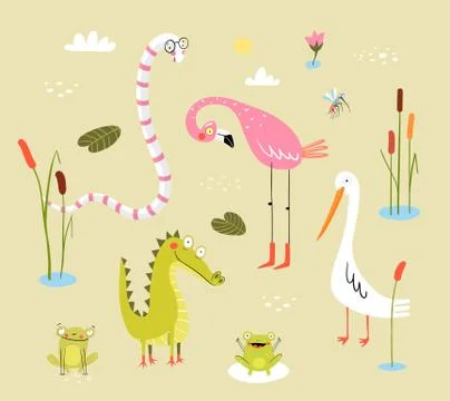 Lizard, frogs, alligators, crocodiles and flamingo with duck or cane birds Stock Illustration