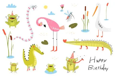 Lizard, frogs, alligators, crocodiles and flamingo with duck or cane birds Stock Illustration