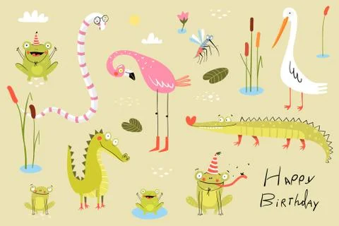 Lizard, frogs, alligators, crocodiles and flamingo with duck or cane birds Stock Illustration