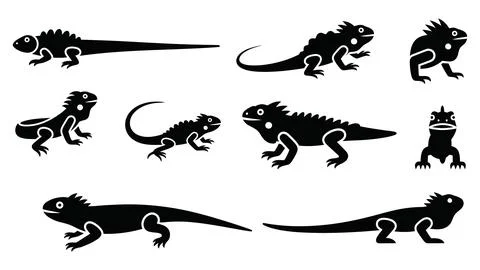 Lizard icon set, black silhouette of reptiles, flat vector illustration of .. Stock Illustration