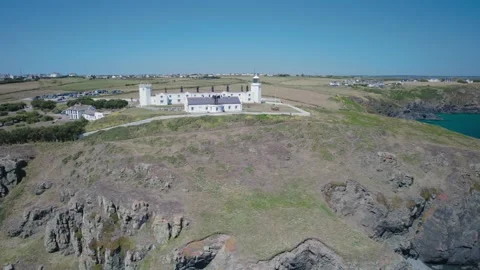 Lizard Lighthouse and Housel Bay Cliffs from a drone, Lizard, Helston, Cornwall 스톡 동영상 201172105