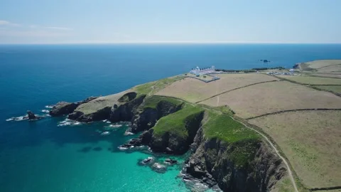 Lizard Lighthouse and Housel Bay Cliffs from a drone, Lizard, Helston, Cornwall Stock-Footage 201196228