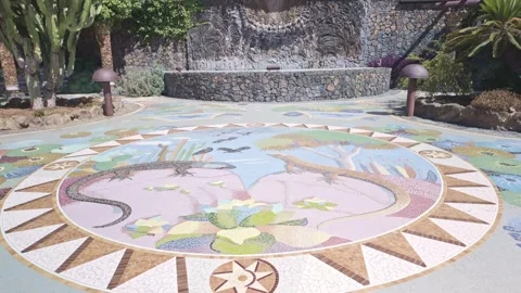 Lizard Mosaic Floor and Stone Wall Fountain at Plaza La Glorieta, La Palma Stock Footage 343507881
