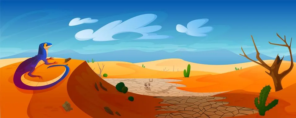 Lizard sit on dune in desert with golden sand Stock Illustration