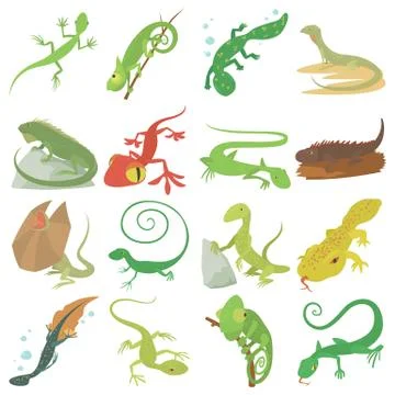 Lizard type animals icons set, cartoon style Stock Illustration