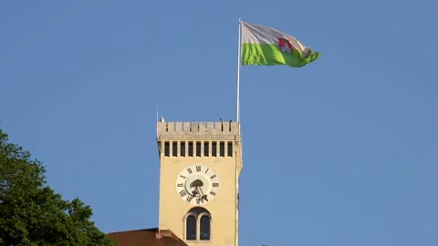 Ljubljana Castle clock tower rises above Slovenia - Old Fortress and Middle Ages Stock Footage 339646183