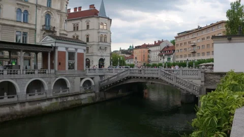 The Ljubljanica River flows past The Central Market building Stock Footage 346157930