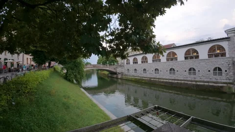 The Ljubljanica River flows past The Central Market building Stock Footage 346160968