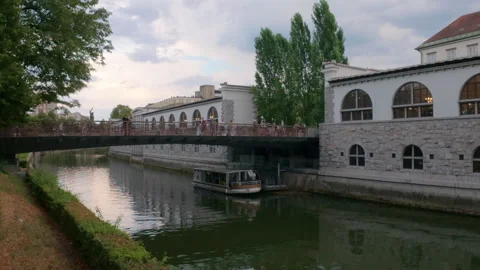 The Ljubljanica River flows past The Central Market building Stock Footage 346168619