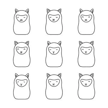 Llama Avatar Kawaii  Isolate Vector Set Stock Illustration