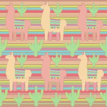 Llama with cactus seamless repeat background Stock Illustration