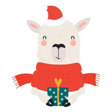 Llama with a Christmas gift isolated Stock Illustration