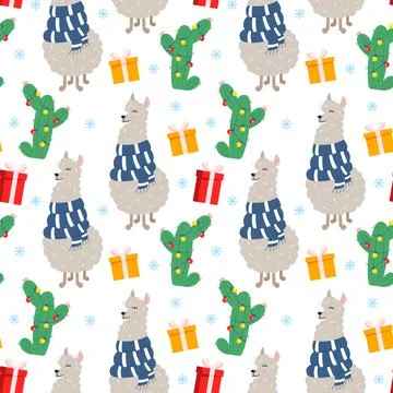 Llama or alpaca with cactus and gift gifts. Seamless pattern Stock Illustration