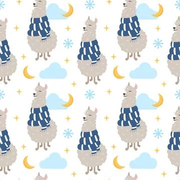 Llama or alpaca with clouds and stars. Seamless pattern Stock Illustration