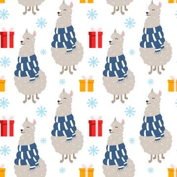 Llama or alpaca with gift boxes. Seamless pattern 스톡 일러스트