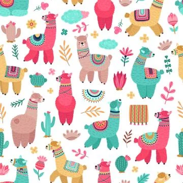 Llama pattern. Drawing animals, cartoon llamas cactus seamless texture. Cute Stock Illustration