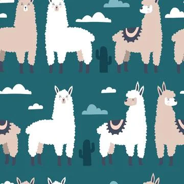 Llama pattern. Lama seamless handdrawn print. Vector cartoon textile template 스톡 일러스트