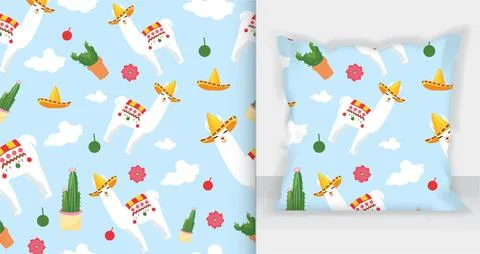 Llama pattern pillow mockup. Seamless pattern with cute Alpaca. Stock Illustration