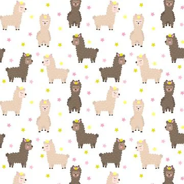 Llama seamless pattern with crown and stars Stock Illustration