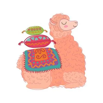 Llama sitting with stack of pillows on back decorated with traditional pattern 스톡 일러스트