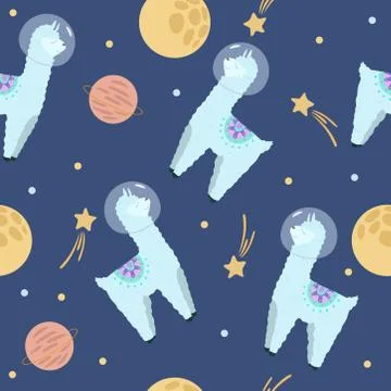 Llama in space seamless pattern. Vector background with night sky and alpaca. Stock Illustration