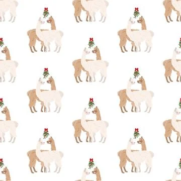 Llama under mistletoe seamless pattern Stock Illustration
