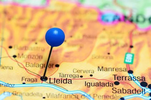 Lleida pinned on a map of Spain Stock-Fotos
