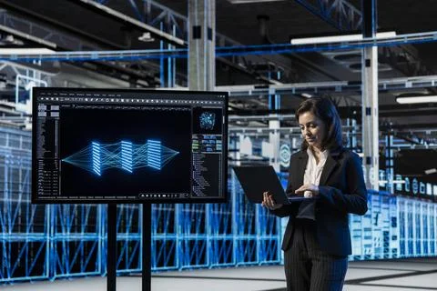LLM AI assistant visualization computer graphics used by server hub technician Stockfoto's