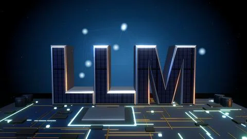 LLM Large Language Model 3D Text with a Neural Network on a Circuit Board Stock Illustration