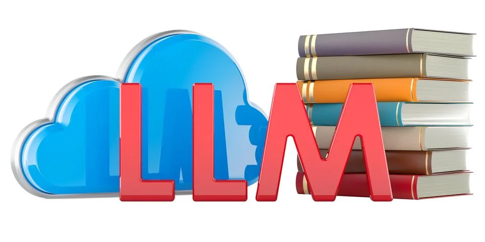 LLM, large language model concept. LLM with cloud icon and books. 3D renderin Stock Illustration