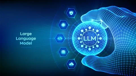 LLM Large Language Model technology concept in the shape of sphere with hex.. Illustrazione stock